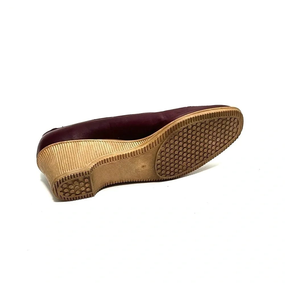 Vintage 1970s oxblood leather woven chunky slip on wedge heels